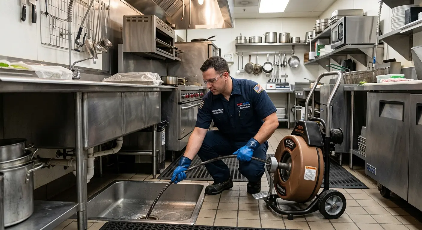Commercial drain cleaning service in a restaurant kitchen in Rancho Cucamonga