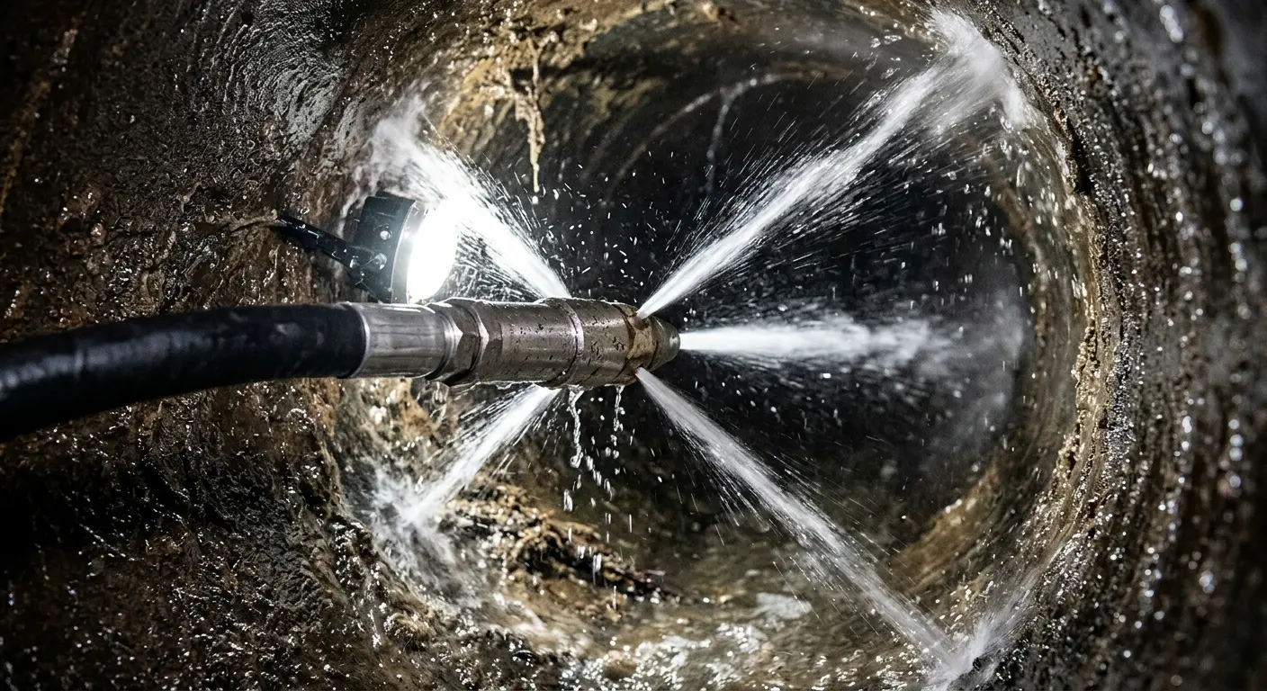 High-pressure hydro jetting nozzle cleaning sewer pipe for Sewer Cleanout in Rancho Cucamonga