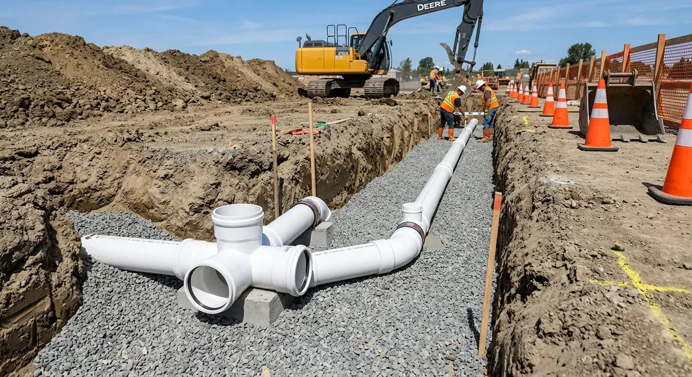 New PVC sewer pipe installation in open trench for Grease Trap Cleaning in Rancho Cucamonga