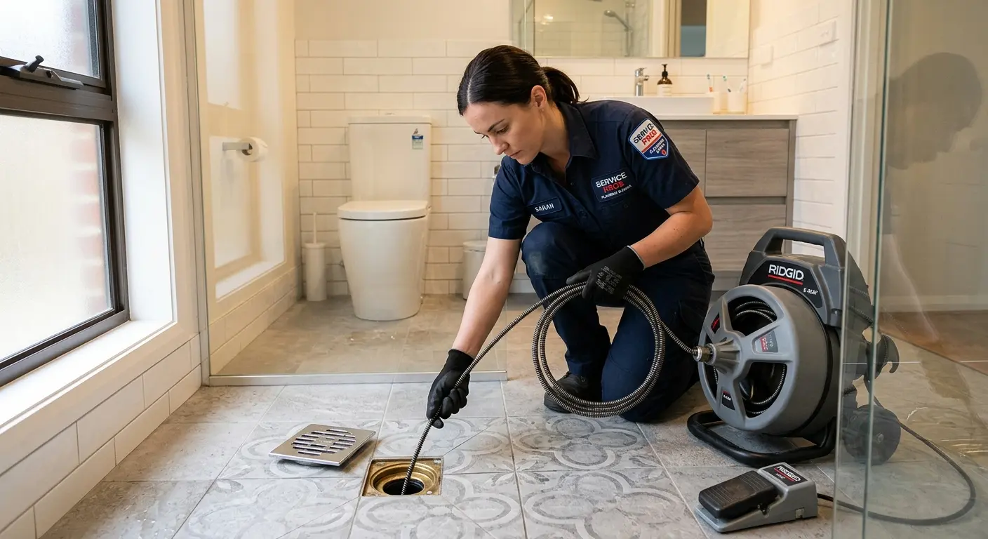 Technician clearing a bathroom floor drain for Drain Repair in Rancho Cucamonga
